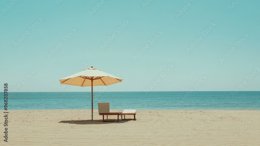 A beach umbrella and lounge chair set up on a quiet sandy beach, with the ocean stretching out to the horizon. A beach umbrella and lounge chair set up on a quiet sandy beach, with the ocean stretching out to the horizon.