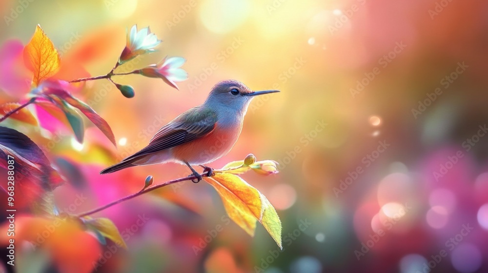 A bird perched on a flower stalk, with colorful petals framing the scene and a soft focus background. A bird perched on a flower stalk, with colorful petals framing the scene and a soft focus background.