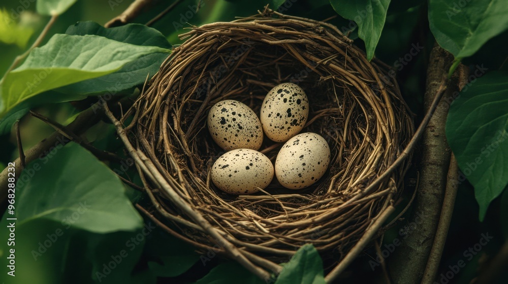 Obraz premium A bird nest with three speckled eggs, nestled among green leaves and twigs.