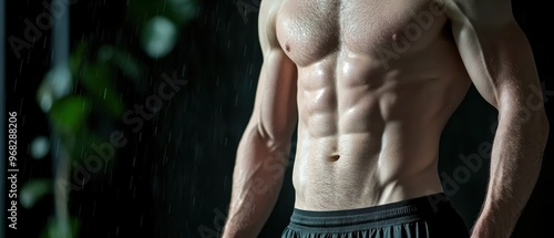 Athletic man showcasing a toned physique under soft lighting, emphasizing strength and determination in a fitness setting. photo