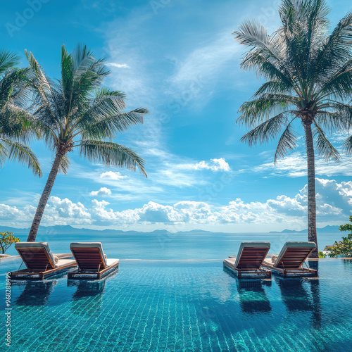 Fototapeta Naklejka Na Ścianę i Meble -  the landscape design of the poolside area by the beach looking into the endless pool and far ocean view 