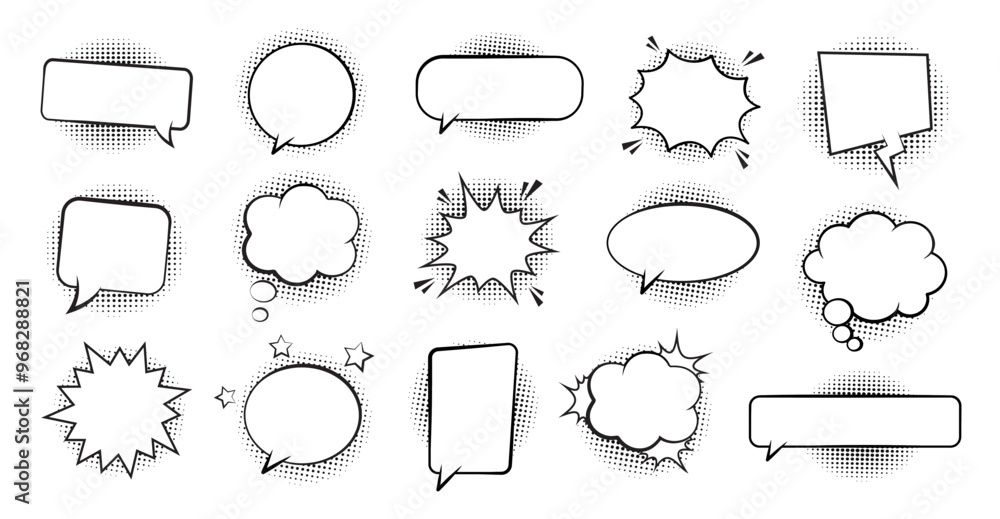 Obraz premium Retro empty comic bubbles and elements set with black halftone shadows. Vector illustration, vintage design, pop art style