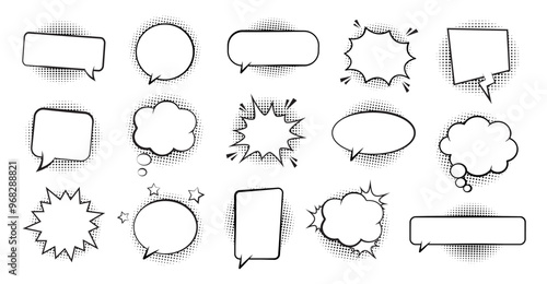 Retro empty comic bubbles and elements set with black halftone shadows. Vector illustration, vintage design, pop art style