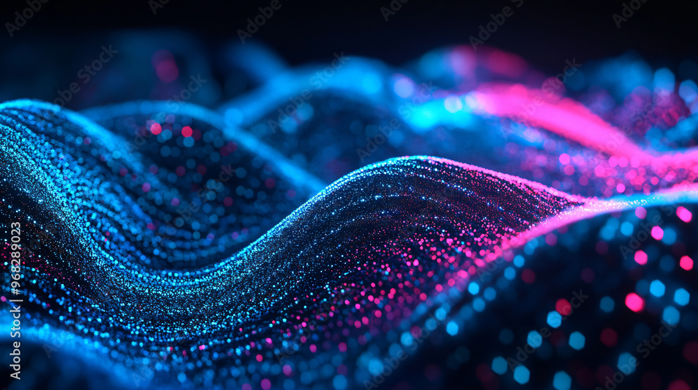 Neon Wave Background of a Abstract Digital glowing blue and purple colored Dot waves with Smooth particles are flow, virtual virtual reality cyberspace landscape Neon Wave Background of a Abstract Digital glowing blue and purple colored Dot waves with Smooth particles are flow, virtual virtual reality cyberspace landscape