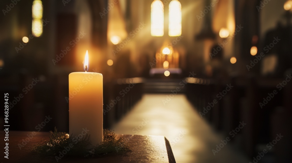 A candle burning in a church, with the soft light creating a serene and spiritual ambiance. A candle burning in a church, with the soft light creating a serene and spiritual ambiance.