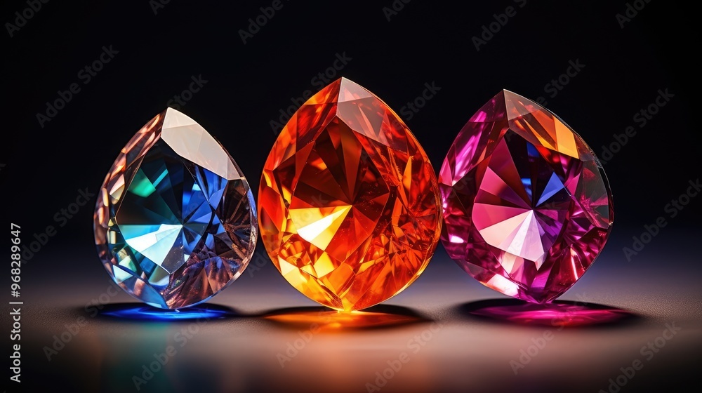 A stunning arrangement of three colorful gemstones, showcasing their brilliance and intricate cut. A stunning arrangement of three colorful gemstones, showcasing their brilliance and intricate cut.
