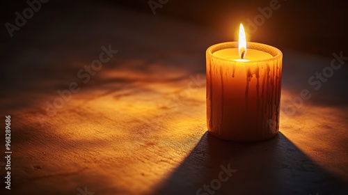 A candle burning in a dark room, with the flame providing the only light and casting long shadows on the walls.