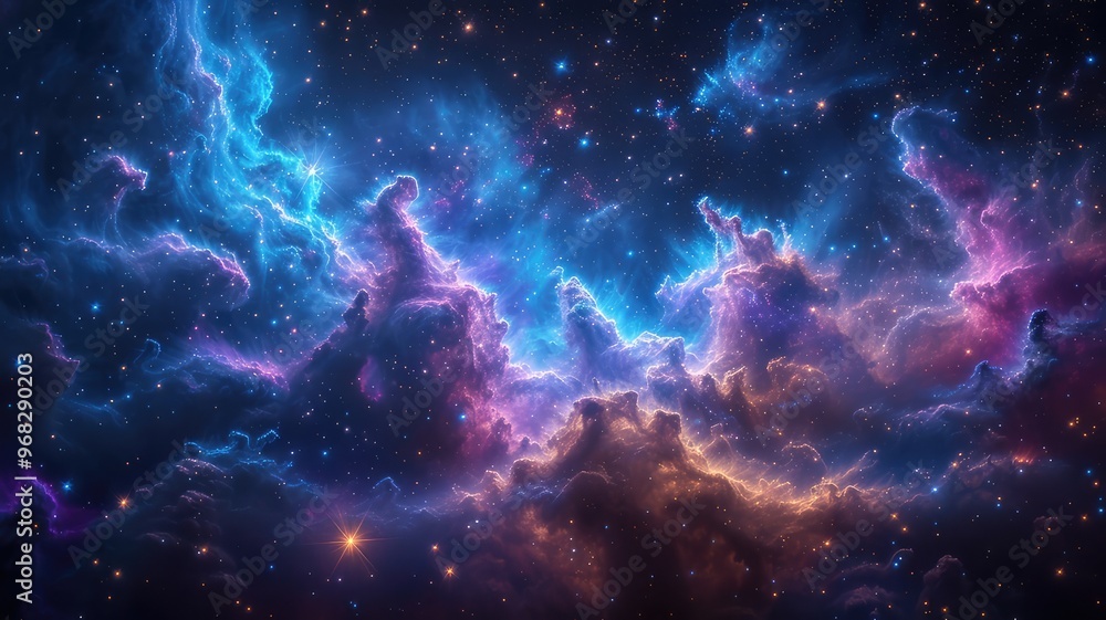A stunning cosmic scene featuring vibrant nebulae, stars, and swirling clouds of gas, showcasing the beauty of the universe. A stunning cosmic scene featuring vibrant nebulae, stars, and swirling clouds of gas, showcasing the beauty of the universe.
