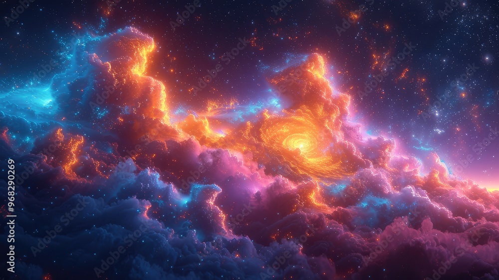 Obraz premium A stunning cosmic scene filled with vibrant colors, swirling clouds, and a galaxy at its center, evoking a sense of wonder.
