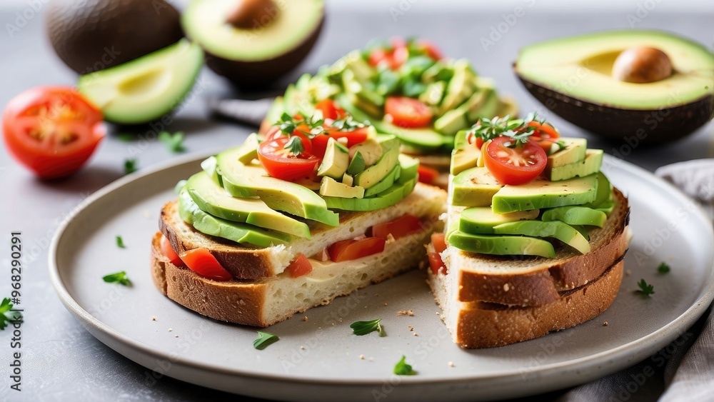 : A perfectly toasted slice of sourdough bread with smashed avocado and fresh tomato, making a delightful and healthy treat : A perfectly toasted slice of sourdough bread with smashed avocado and fresh tomato, making a delightful and healthy treat