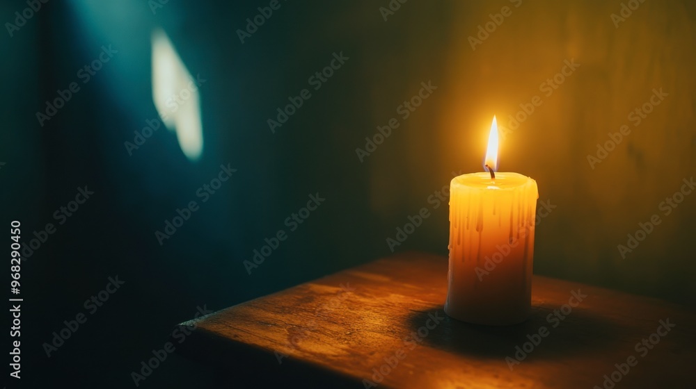 A candle burning in a dimly lit room, with the flame providing the only light and casting long shadows on the walls. A candle burning in a dimly lit room, with the flame providing the only light and casting long shadows on the walls.