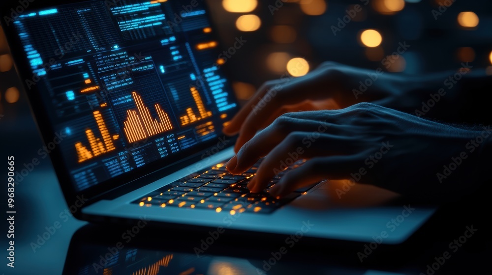 Close-up of hands typing on a laptop with data visualization on the screen, showcasing analytics and technology. Close-up of hands typing on a laptop with data visualization on the screen, showcasing analytics and technology.