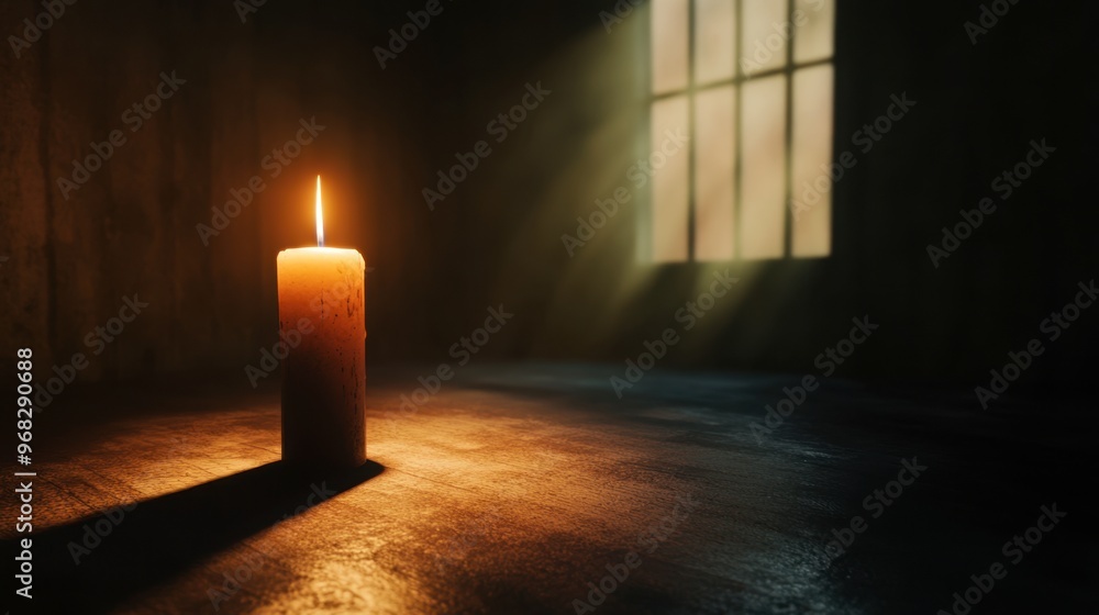 A candle burning in a dimly lit room, with the flame providing the only light and casting long shadows on the walls. A candle burning in a dimly lit room, with the flame providing the only light and casting long shadows on the walls.