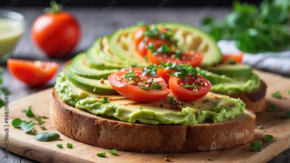 : A perfectly toasted slice of sourdough bread with smashed avocado and fresh tomato, making a delightful and healthy treat : A perfectly toasted slice of sourdough bread with smashed avocado and fresh tomato, making a delightful and healthy treat