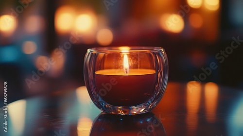 A candle burning in a glass holder, with the flame casting a warm glow over the surrounding area.