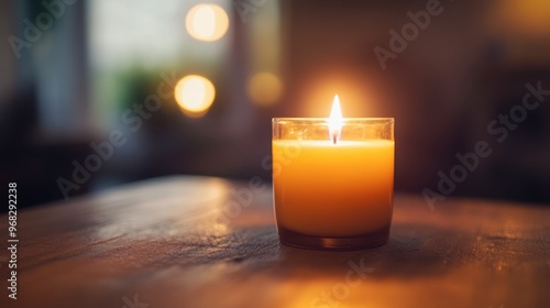 A candle burning in a holder on a wooden table, with the soft light creating a warm and inviting atmosphere.