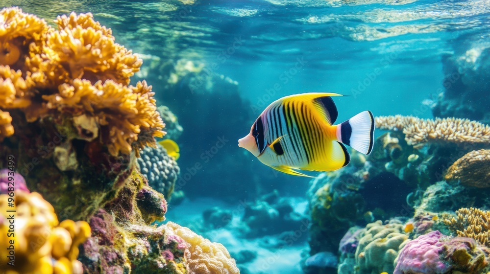A colorful tropical fish swimming in shallow ocean waters near a coral reef. A colorful tropical fish swimming in shallow ocean waters near a coral reef.