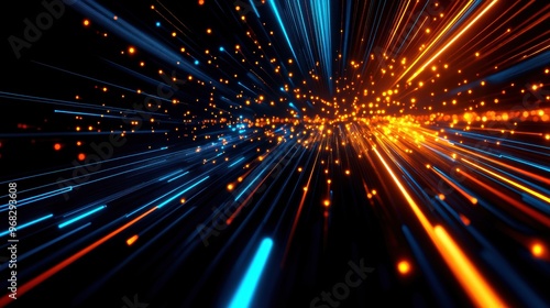 Dynamic abstract illustration of light trails with vibrant colors, creating a sense of movement and energy in a digital space.