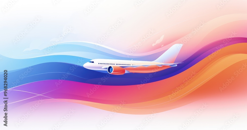Fototapeta premium A stylized illustration of an airplane soaring through colorful waves, symbolizing travel and adventure.