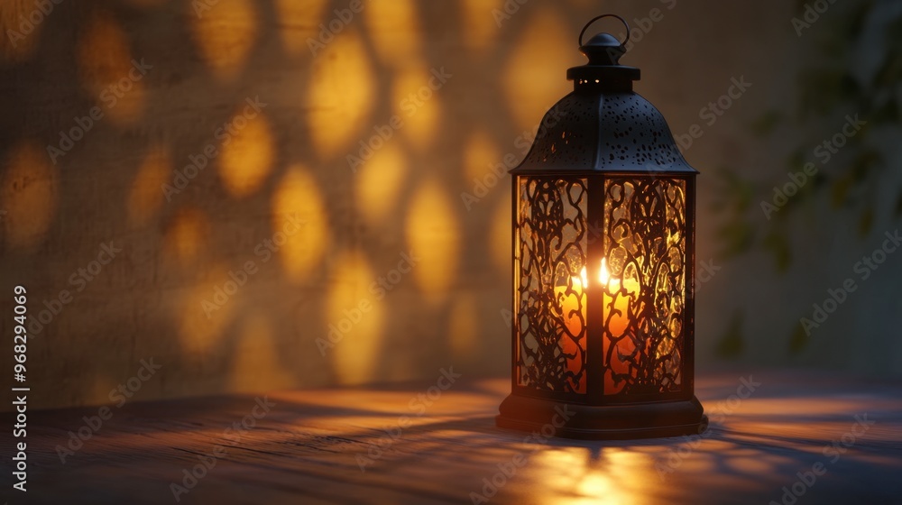 A candle burning in a lantern, with the light softly illuminating the glass and casting patterns on the walls. A candle burning in a lantern, with the light softly illuminating the glass and casting patterns on the walls.