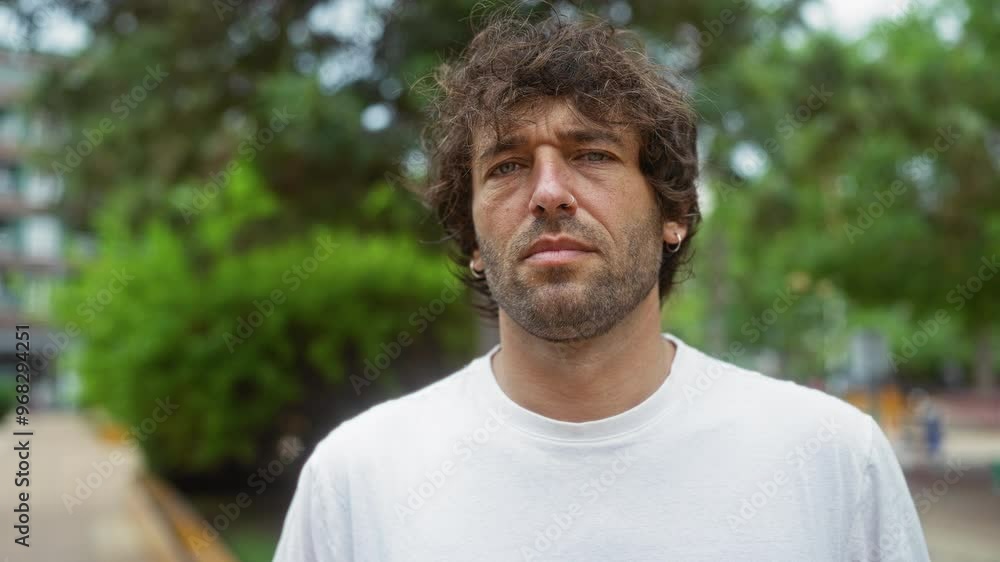 Young man with a beard standing outdoors in a park within an urban city environment wearing a white shirt surrounded by lush green trees and buildings in the background Young man with a beard standing outdoors in a park within an urban city environment wearing a white shirt surrounded by lush green trees and buildings in the background