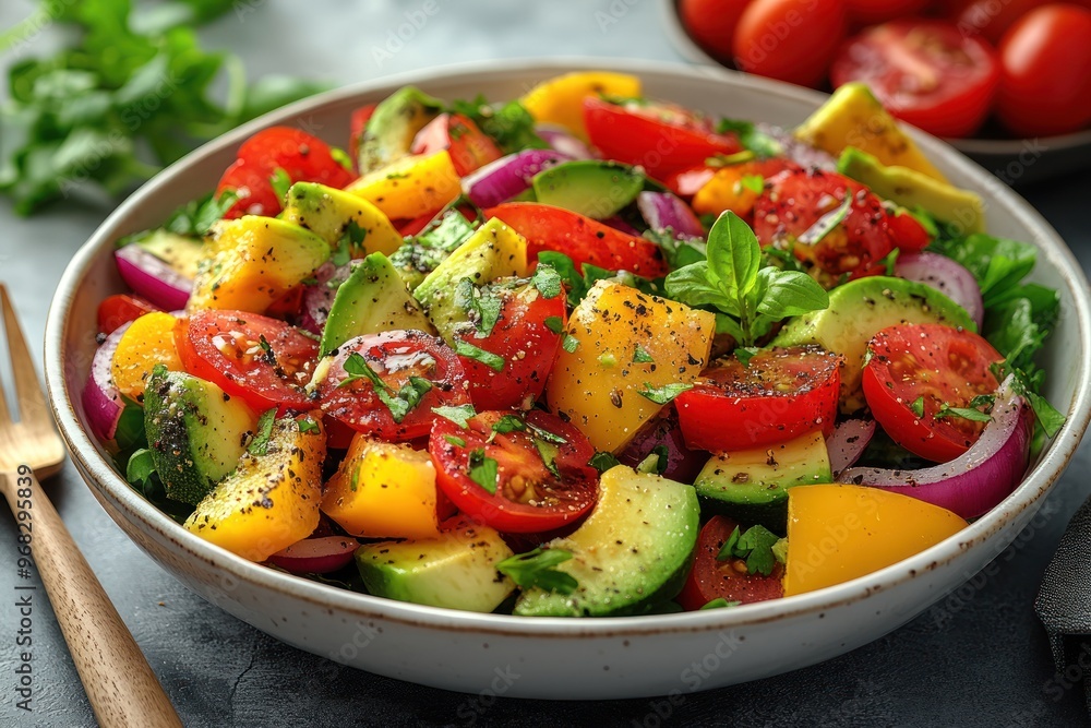 Fresh and Colorful Avocado Salad with Tomatoes and Basil Fresh and Colorful Avocado Salad with Tomatoes and Basil