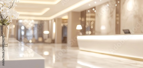 Background blur of a hotel lobby with a sleek and modern reception spotlight.