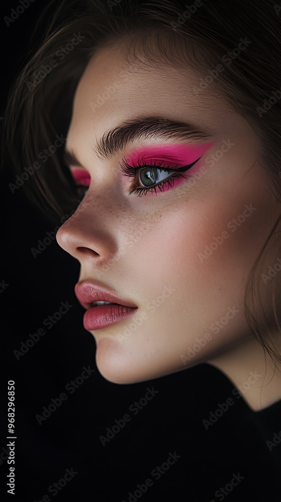 Closeup portrait of a young woman with bold pink eyeshadow and eyeliner, black background Closeup portrait of a young woman with bold pink eyeshadow and eyeliner, black background