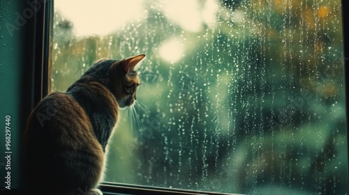 A cat sitting in a window, watching the rain fall outside on a quiet afternoon.