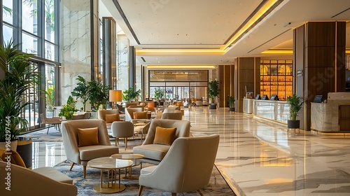 Expansive lobby lounge in a luxury hotel with a plush design.
