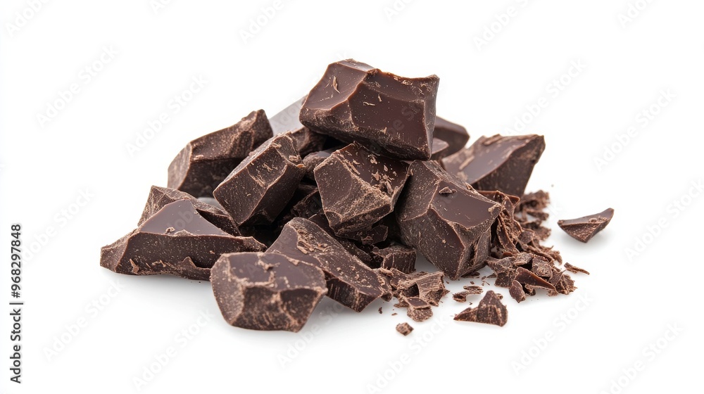 Pile of dark chocolate chunks on white Pile of dark chocolate chunks on white