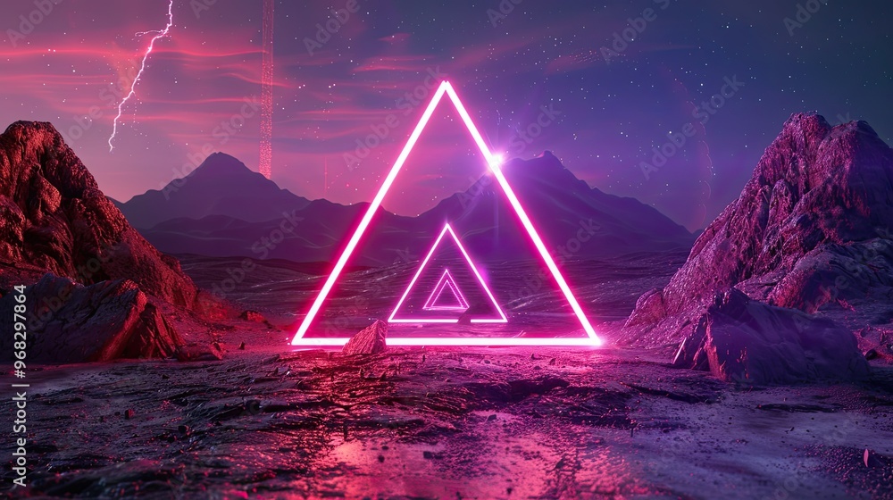 A surreal landscape featuring glowing pink triangles against a dramatic mountainous backdrop with a starry sky and lightning. A surreal landscape featuring glowing pink triangles against a dramatic mountainous backdrop with a starry sky and lightning.