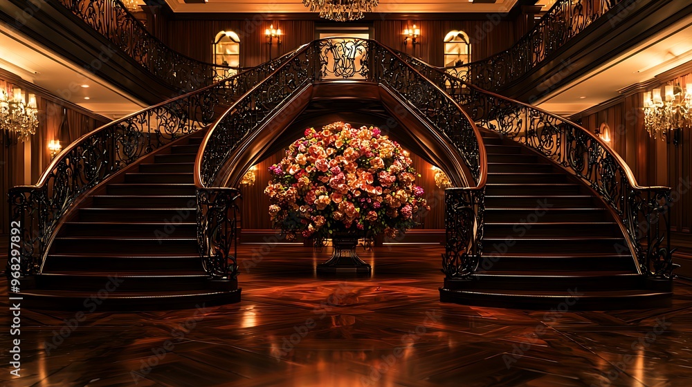 Obraz premium A large floral arrangement in a foyer with a grand dark wood staircase and soft lighting.