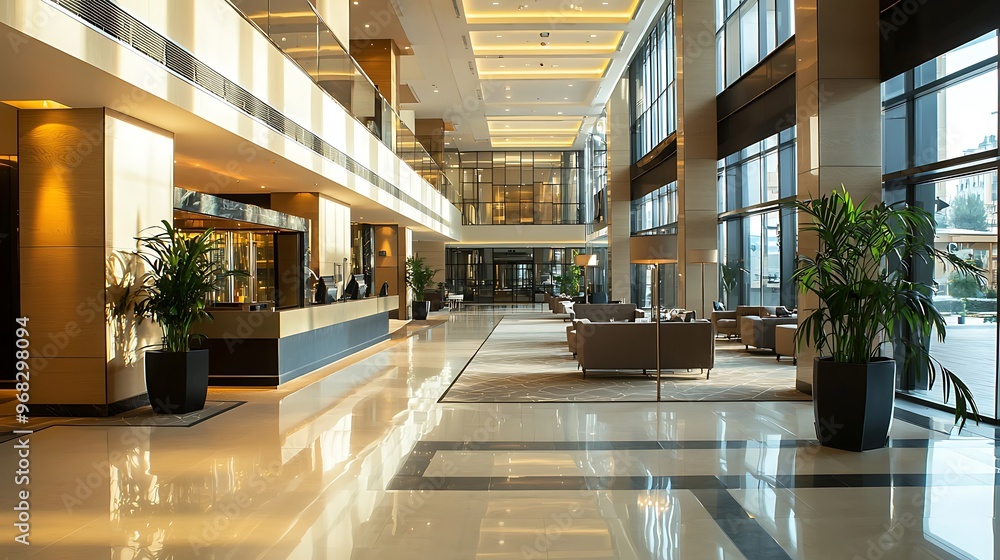 Modern decor defining the large hall of a city hotel with sleek finishes. Modern decor defining the large hall of a city hotel with sleek finishes.