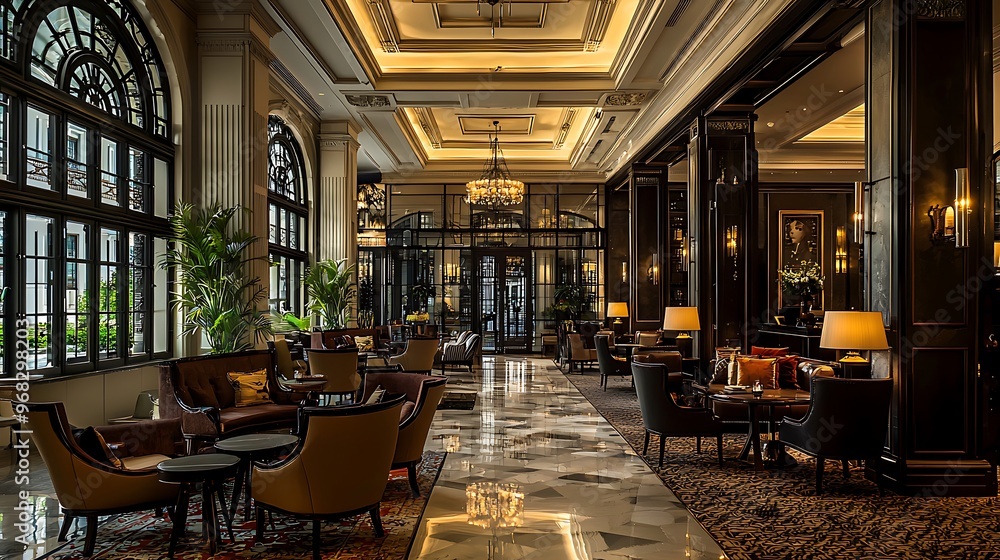 Elegant hotel lobby in Shanghai with a sophisticated and upscale ambiance. Elegant hotel lobby in Shanghai with a sophisticated and upscale ambiance.
