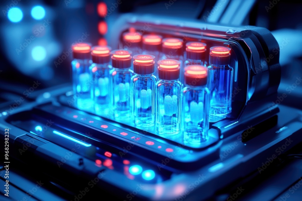 High-tech laboratory scene featuring glass vials with orange caps illuminated by blue LED lights. Ideal for science and technology themes. High-tech laboratory scene featuring glass vials with orange caps illuminated by blue LED lights. Ideal for science and technology themes.