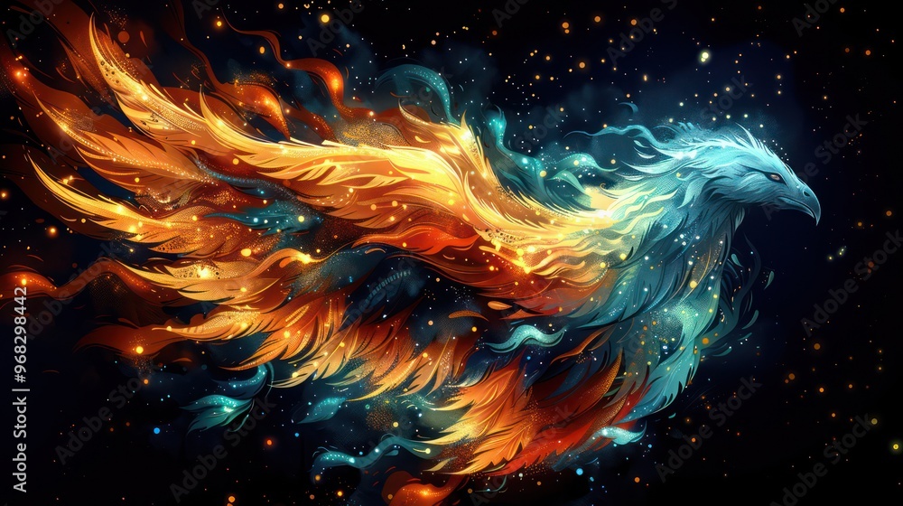 A vibrant, mythical phoenix composed of flames and ethereal colors, soaring through a starry background. A vibrant, mythical phoenix composed of flames and ethereal colors, soaring through a starry background.