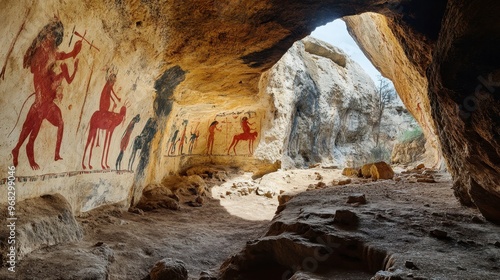 A cave with ancient paintings on the walls, depicting scenes of early human life in vivid colors. photo