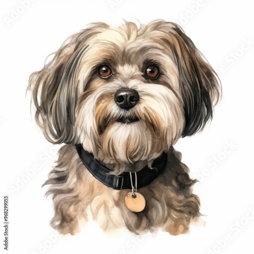 Watercolor Portrait of Cute Shih Tzu Dog with Collar for Pet Lovers and Decor