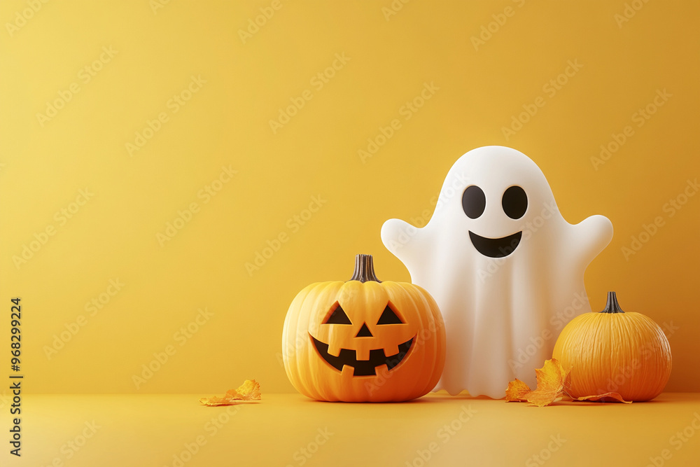 Halloween Banner with Cute 3D Pumpkin and Ghost on Yellow Background Halloween Banner with Cute 3D Pumpkin and Ghost on Yellow Background
