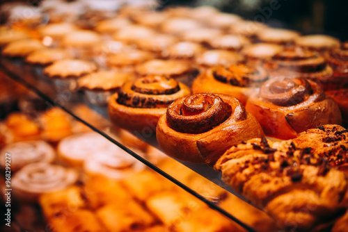 Different kinds of fresh pastry, buns and cinnamon rolls on sale at a bakery or a cafe.