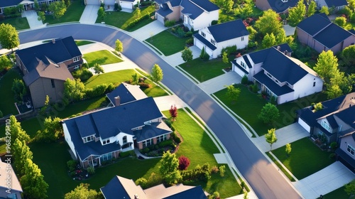 Aerial view of a neighborhood with rows of houses, each with well-maintained lawns and driveways.