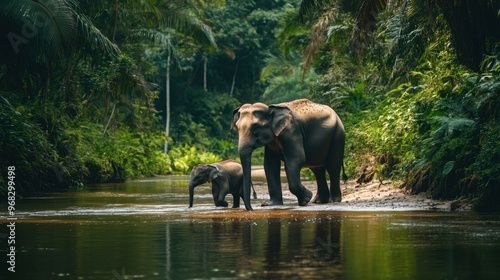 An elephant mother and calf walking along a riverbank, with lush greenery in the background.