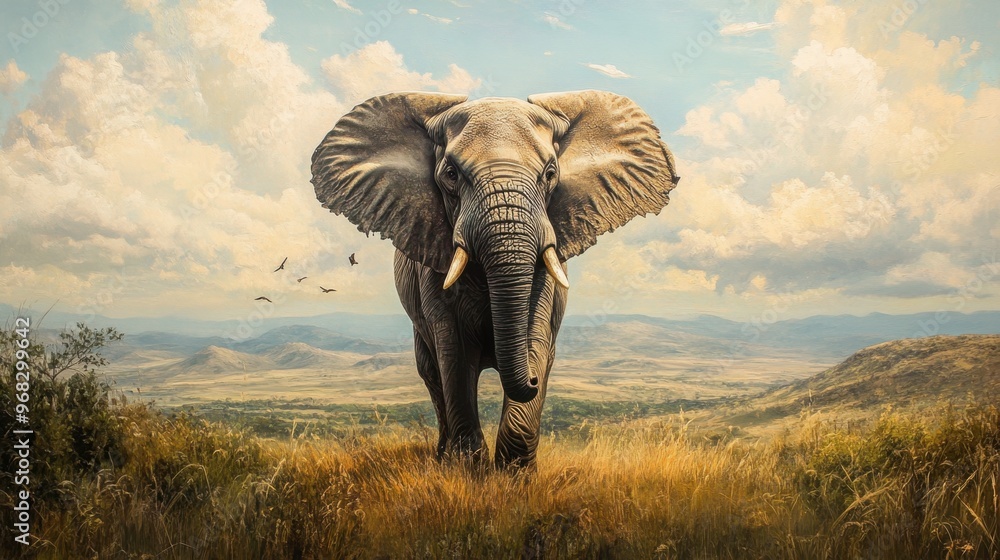 Fototapeta premium An elephant standing tall against a backdrop of rolling hills and open plains.