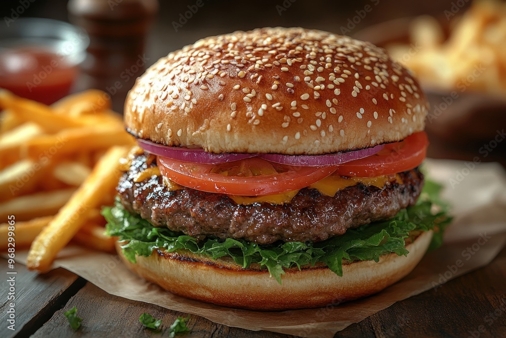 Delicious Cheeseburger with Sesame Seed Bun and Crispy French Fries Delicious Cheeseburger with Sesame Seed Bun and Crispy French Fries