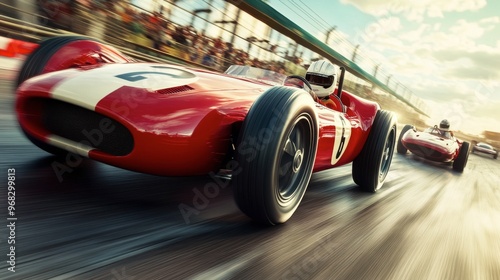 A classic car race on a historic race track, with vintage cars speeding past.