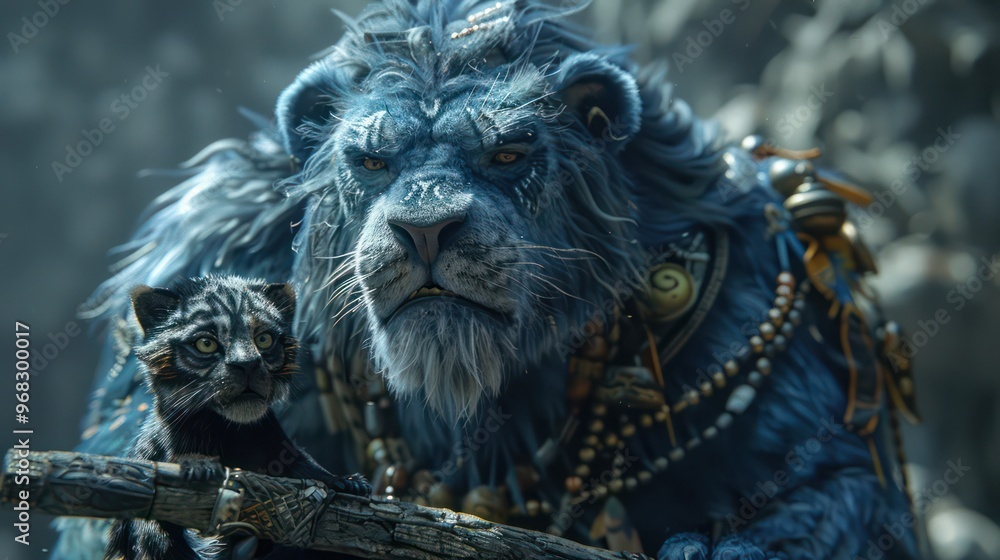 A majestic blue lion and a small tiger cub, adorned with tribal accessories, convey a sense of strength and guardianship. A majestic blue lion and a small tiger cub, adorned with tribal accessories, convey a sense of strength and guardianship.