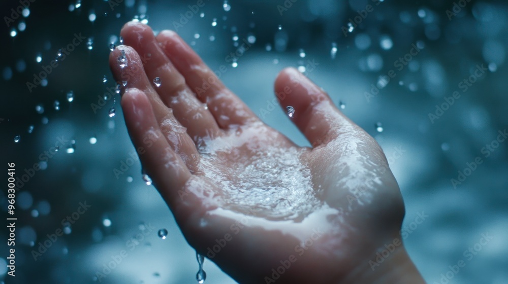 A close-up of a hand catching raindrops, with water dripping from the fingertips. A close-up of a hand catching raindrops, with water dripping from the fingertips.