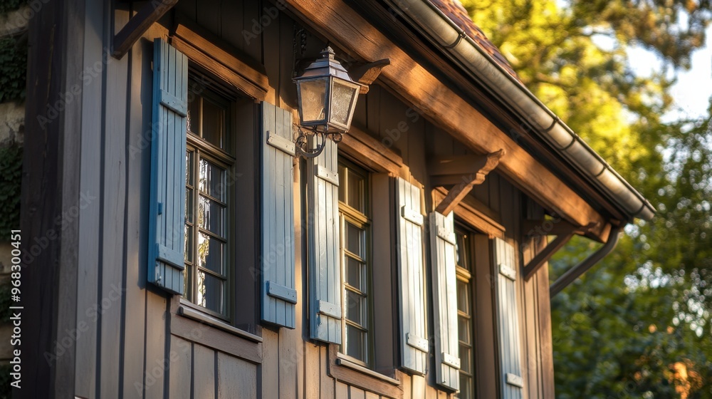 A close-up of a house's architectural details, such as window frames, shutters, and rooflines. A close-up of a house's architectural details, such as window frames, shutters, and rooflines.