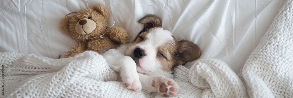Newborn lapdog puppy resting on a bed beneath a white blanket alongside a cherished teddy bear, captured from above. Newborn lapdog puppy resting on a bed beneath a white blanket alongside a cherished teddy bear, captured from above.